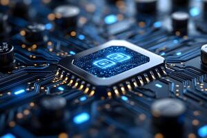 Futuristic AI Processor on Circuit Board for Innovation and Technology Design photo