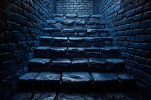 Mysterious Stone Staircase in Dark Blue Grotto Setting for Atmospheric Design photo