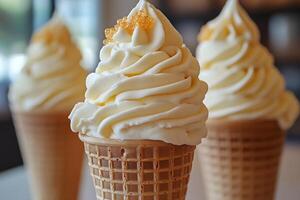 Delicious Vanilla Soft Serve Ice Cream Cones in Waffle Cones with Toppings photo
