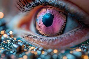 Futuristic Vision Concept with Digital Eye and Circuit Board Reflection for Technology Print photo