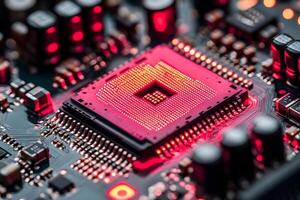 Futuristic Technology Close-up of a Glowing Microchip on an Electronic Circuit Board photo