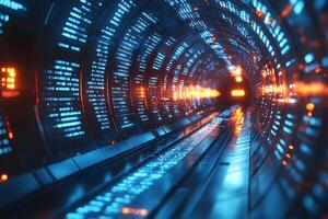 Futuristic LED Tunnel with Dynamic Blue and Orange Lights for Technology Design Concepts photo