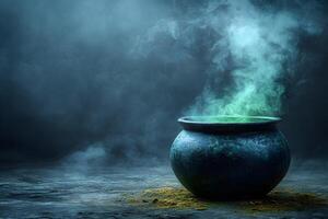 Mysterious Mist Rising from Ancient Cauldron in Enchanted Forest Setting photo