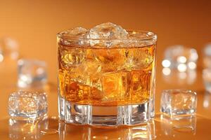 Refreshing Whiskey On The Rocks with Ice Cubes and Amber Background for Beverage Enthusiasts photo