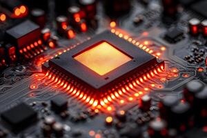 Futuristic Circuitry with Glowing Red Microchip for Tech Innovation Designs photo