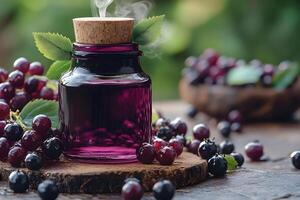 Fresh Black Currant Juice in Jar with Cork Lid on Rustic Wooden Table photo