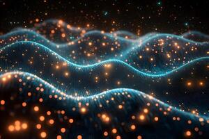 Abstract Digital Landscape with Glowing Waves and Particle Lights for Futuristic Design photo