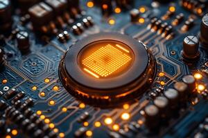 Futuristic Technology Concept with a Glowing Microchip Circuit Design photo