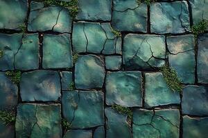 Vintage Cobblestone Pathway with Moss Growth for Background or Texture Design photo
