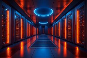 Futuristic Data Center Corridor with Illuminated Servers and Neon Lights for Technology Design photo
