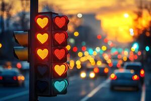 Heart-Shaped Traffic Lights at Sunset - Urban Romance Concept for Posters and Cards photo