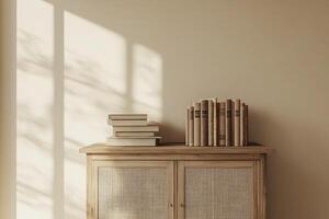 A wooden cabinet with books on it in front of a window photo