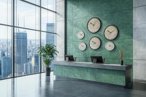 A green reception desk with clocks on it photo