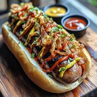 A juicy hot dog with a grilled sausage in a soft bun, topped with crispy onions, herbs, ketchup, and mustard. Served with sauces on a wooden board photo