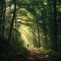 A faraway view of a runner moving along a winding forest trail. The thick trees and greenery create a tunnel around him. The atmosphere is calm, with the road stretching into the distance photo
