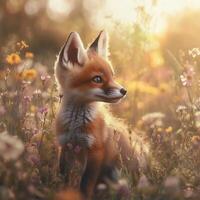 A young red fox sits in a blooming meadow bathed in warm sunlight. The soft glow highlights its fur and curious expression, creating a serene and dreamy atmosphere photo