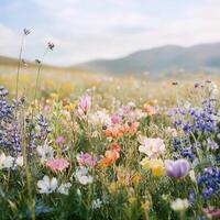A vast meadow filled with wildflowers in shades of pink, yellow blue white, open landscape stretches toward distant rolling hills. Soft sunlight highlights the delicate petals swaying in the breeze photo