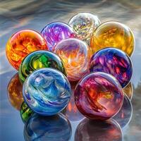 Transparent glass marbles with vibrant colors on a reflective surface. Light creates intricate refractions and a glowing effect. The background is softly blurred, emphasizing depth and clarity photo