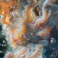 Extreme close up of intricate coral texture with delicate details and air bubbles rising. Organic shapes and natural patterns highlight marine lifes complexity and underwater microcosm photo