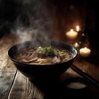 A steaming bowl of ramen with pork slices, green onions, and rich broth on a rustic wooden table, surrounded by candles, creating a warm and cozy atmosphere photo