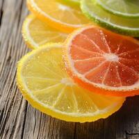 Fresh citrus slices of lemon, lime, orange, and grapefruit on a rustic wooden surface. Vibrant colors, juicy texture, and glistening pulp highlight the natural freshness of the fruits photo