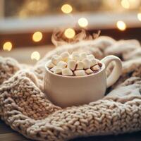 A steaming mug of hot chocolate with marshmallows sits on a soft knitted blanket near a frosty window. A cozy winter moment with a warm drink on a cold day photo