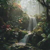 A small waterfall cascades over rocks, surrounded by dense tropical vegetation. Vines and moss cover the stones, creating an untouched and wild atmosphere. Light mist lingers in the air photo