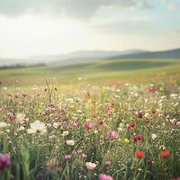 Wildflowers in various shades bloom under soft sunlight. Rolling green hills stretch in the distance. A gentle breeze sways the grass, creating a peaceful and serene atmosphere photo