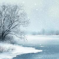 A winter landscape with a frozen lake surrounded by snow-covered trees. Snowflakes fall softly, covering the ground in white. A quiet, cold atmosphere in the heart of nature photo