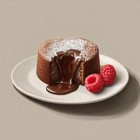 A chocolate lava cake with a molten center, dusted with powdered sugar, sits on a white plate. The rich chocolate filling flows out, accompanied by fresh raspberries. Warm, indulgent dessert photo