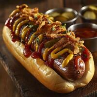 A grilled sausage in a soft bun topped with crispy onions, ketchup, mustard, and fresh herbs. Served on a wooden board with dipping sauces on the side photo