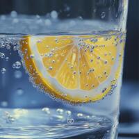 A vibrant lemon slice floating in fizzy sparkling water inside a glass. Tiny bubbles surround the citrus, highlighting its refreshing and zesty texture photo