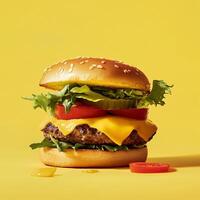 Classic cheeseburger with lettuce, tomato, pickles, and melted cheese on a sesame bun. Ideal for fast food branding, menus, and advertisements photo