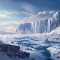 Majestic ice cliffs melt under the warm sunlight, cascading into the frigid ocean. Rising temperatures accelerate glacial retreat, reshaping the frozen landscape and threatening ecosystems photo