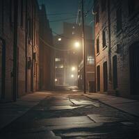 A dimly lit urban alley at night, with wet pavement reflecting streetlights. Old brick buildings, power lines, and a distant glow create a mysterious and cinematic atmosphere photo