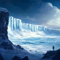 A solitary figure stands in the distance among towering ice cliffs. The frozen landscape stretches endlessly, covered in snow and scattered ice photo