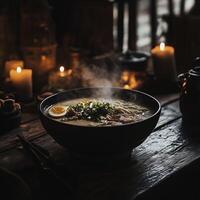 A steaming ramen bowl with egg, pork, and scallions on a dark wooden table, illuminated by candlelight, evoking a cozy and authentic dining experience photo