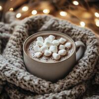 A cup of rich hot cocoa with fluffy marshmallows rests by a snowy window. The perfect warming drink for a chilly winter day, inviting comfort and relaxation photo
