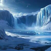 Icy cliffs and frozen waterfalls under a dark blue sky, crescent moon and distant planets shine above frozen landscape features towering ice walls, reflective icy surface scattered snow-covered rocks photo