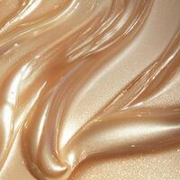 A soft-focus, pearlescent liquid highlighter swatch with a luminous champagne tone. The smooth, flowing texture enhances its radiant glow, reflecting light with a dewy, silky finish photo