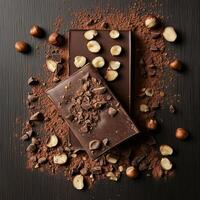 Two dark chocolate bars with whole and crushed hazelnuts, sprinkled with cocoa powder on a black wooden surface. The contrast enhances the rich tones and details of the chocolate and nuts photo