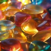 Close-up of glossy, translucent heart-shaped candies in various colors. The candies have a smooth, reflective surface and are illuminated by soft lighting, creating a glowing effect photo
