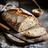 A rustic loaf of bread on a wooden board, dusted with flour. A sliced piece rests nearby with a knife. A small salt bowl completes the scene, creating a traditional homemade baking atmosphere photo