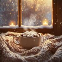 A steaming cup of hot chocolate topped with marshmallows, placed on a cozy knitted blanket. A warm winter drink near a window with glowing candles and snowy scenery photo