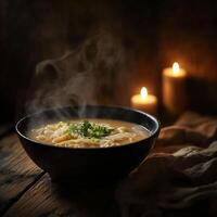 A hot bowl of creamy ramen with fresh green onions, steam rising, placed on a rustic wooden table with candlelight, creating a comforting dining atmosphere photo