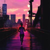 Woman in sportswear runs on wet bridge during sunrise. The city skyline with skyscrapers is visible in the background sky glows with warm and cool tones, and wet pavement reflects the morning light photo