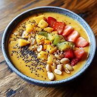 A creamy strawberry smoothie bowl topped with fresh strawberry slices, chia seeds, and crunchy peanuts. A nutritious and protein-rich breakfast, perfect for a balanced and healthy diet photo