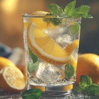 Chilled sparkling lemonade with ice cubes, fresh lemon slices, and mint leaves in a transparent glass. Effervescent bubbles create a crisp and invigorating look photo