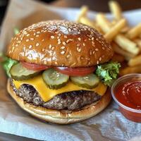 A juicy beef burger with melted cheddar cheese, crisp lettuce, and tangy pickles in a toasted sesame bun. Served with golden fries and ketchup for a satisfying fast-food experience photo