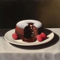 A molten chocolate lava cake on a plate, elegantly dusted with powdered sugar. The rich, dark chocolate filling flows out, surrounded by fresh raspberries, creating a refined gourmet dessert photo